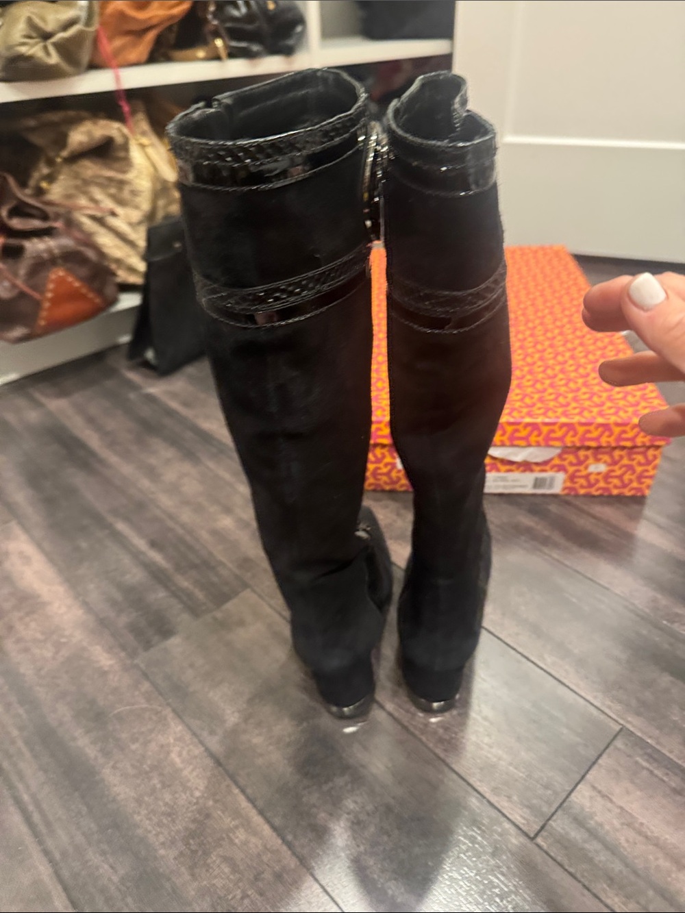 Tory Burch Black Suede snake Knee-High Logo Boots - Picture 2 of 5